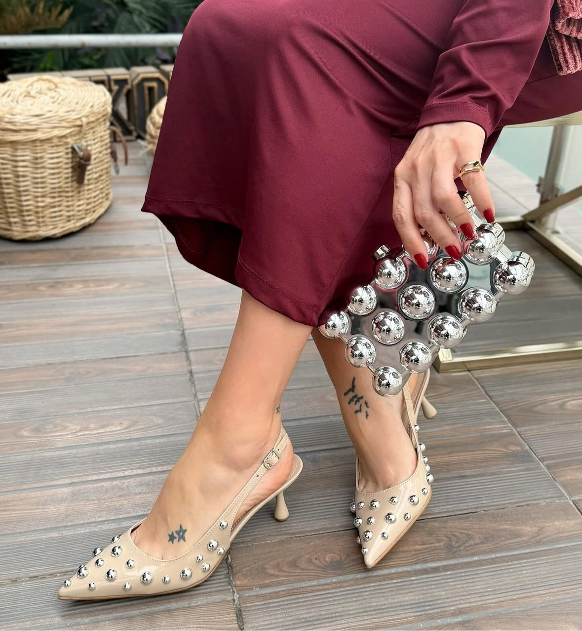 Beige Studded Slingback Heels