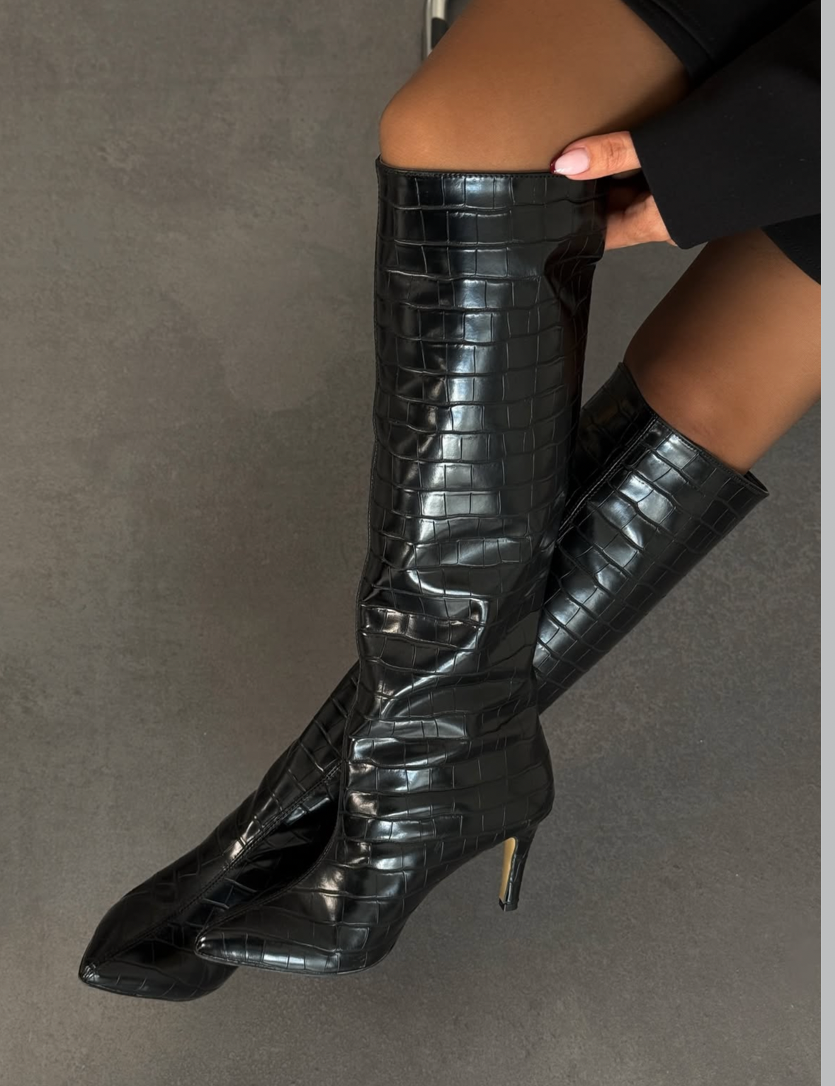 Crocodile-Embossed Black Knee-High Boots