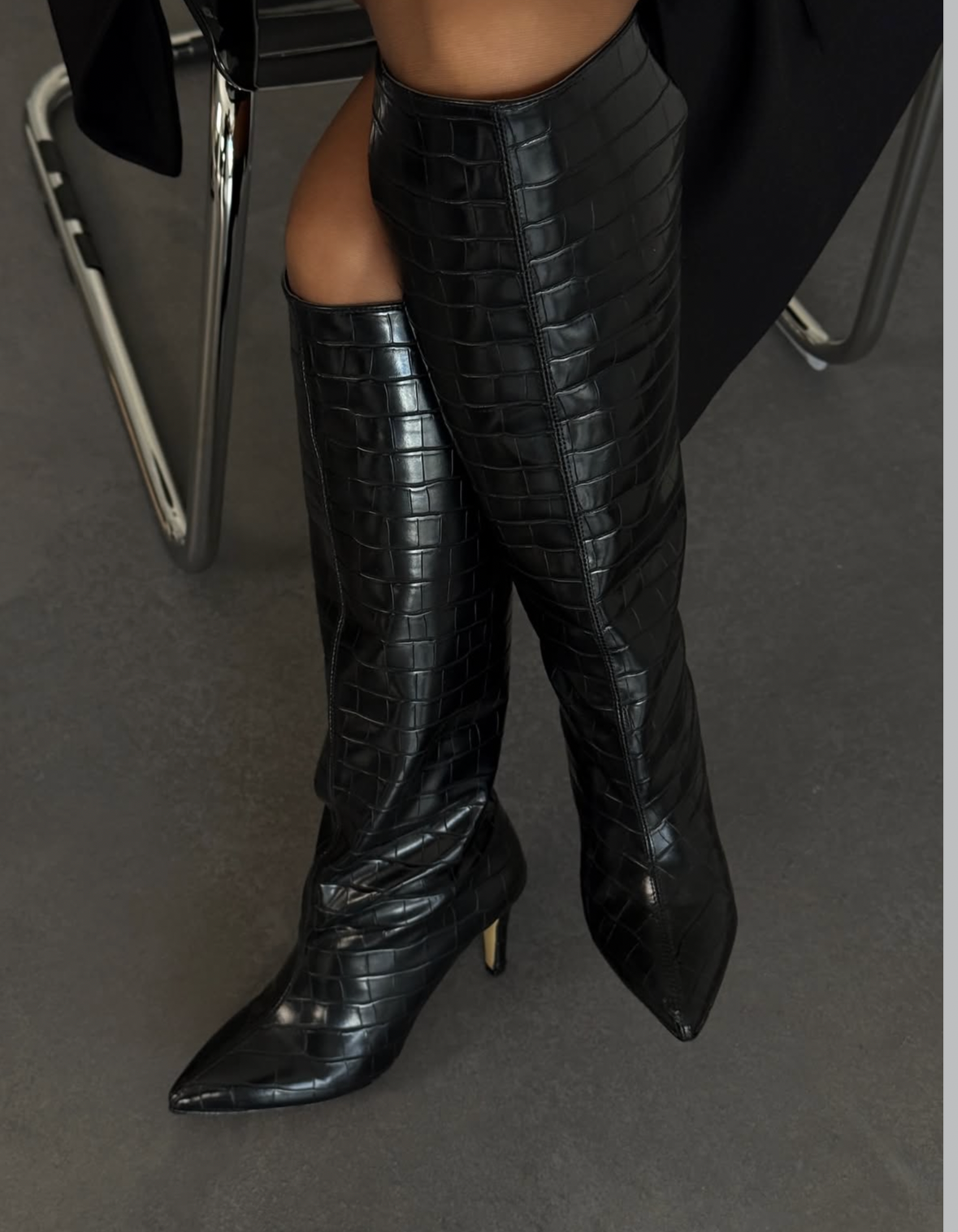 Crocodile-Embossed Black Knee-High Boots