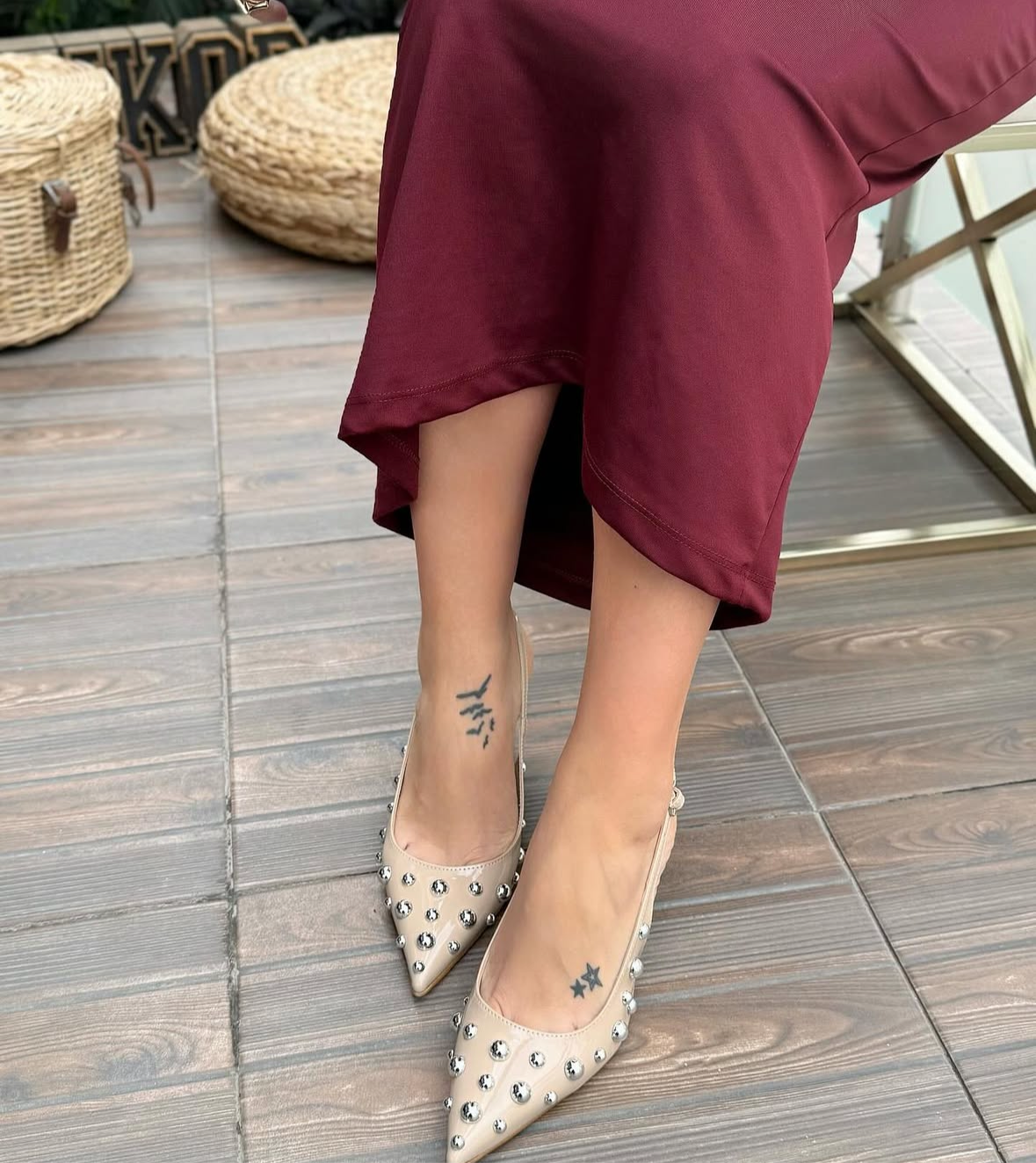 Beige Studded Slingback Heels