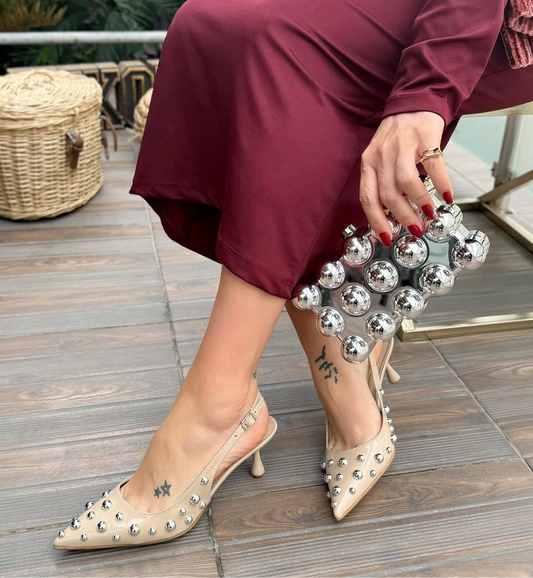 Beige Studded Slingback Heels